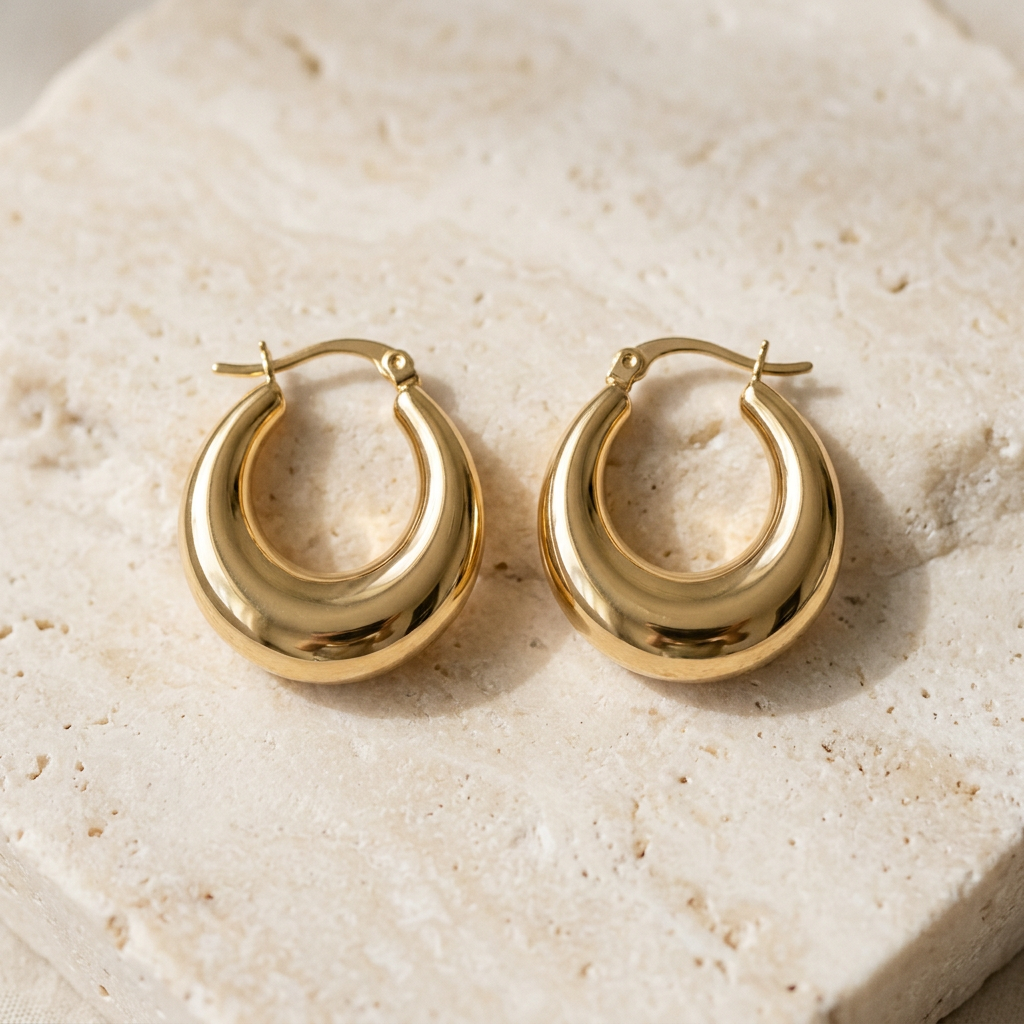 Illustrative gold-tone crescent hoop earrings on an ivory background